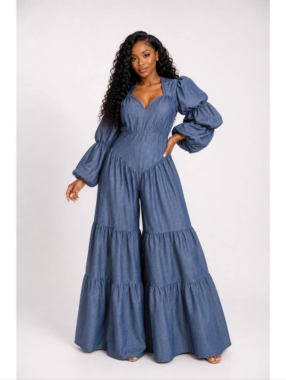 Denim Blue Tiered Wide-Leg Jumpsuit